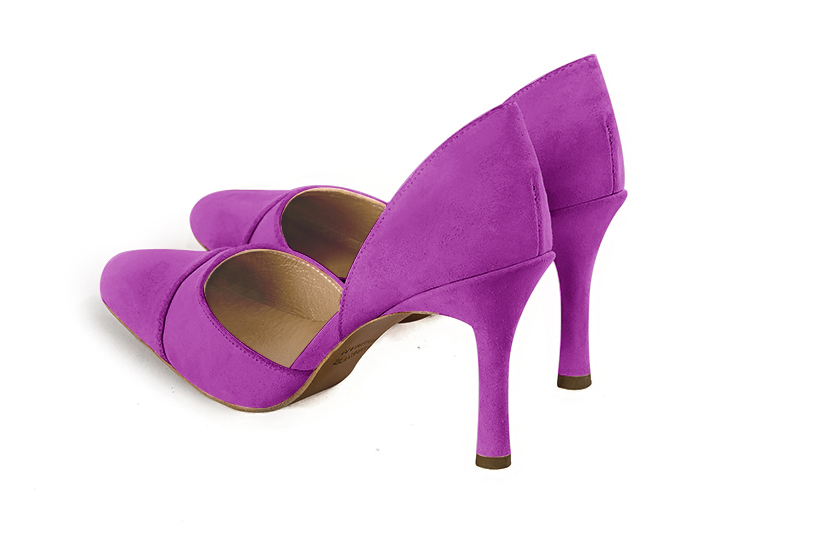 Mauve purple women's open arch dress pumps. Round toe. Very high slim heel. Rear view - Florence KOOIJMAN